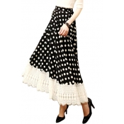 Black Background Vintage Polka Dot Lace Hem Maxi A-line Skirt