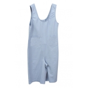 Sky Blue Simple Double Pockets Front Sleeveless Rompers