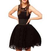 Gorgeous Style Wide Belt Embellished Black Lace A-line Dress