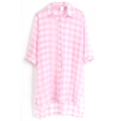 Pink 1/2 Sleeve Plaid Step Hem Chiffon Midi Shirt