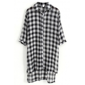 Black 1/2 Sleeve Plaid Step Hem Midi Chiffon Shirt