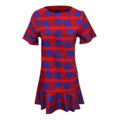 Red Background Blue Heart Geometry Short Sleeve Ruffle Hem Dress