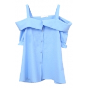 Sky Blue Off-the-Shoulder Short Sleeve Slip Shirt
