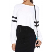 Round Neck PU Striped Panel Long Sleeve Top with Curved Hem