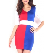 Color Block Half Sleeve Round Neck Bodycon Dress