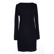 Navy Long Sleeve Round Neck Fitted Dress