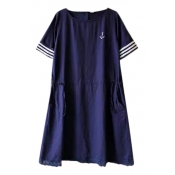 Navy Short Sleeve Anchor Embroidered Stripe Swing Dress