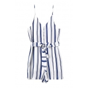 Blue Vertical Stripe V-Neck Slip Bow Waist Rompers
