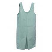 Light Green Simple Double Pockets Front Sleeveless Rompers
