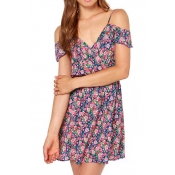Floral Print Backeless Mini Dress with Cold Shoulder
