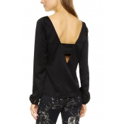 Sexy Plain Backless Long Sleeve Top with Elastic Cuff