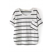 White Boxy Stripe Pocket Short Sleeve T-Shirt