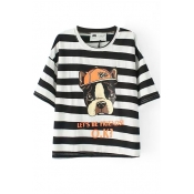 Stripe Cartoon Dog Letters 1/2 Sleeve T-Shirt