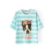 Blue Stripe Cartoon Dog Letters 1/2 Sleeve T-Shirt