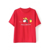 Red Short Sleeve Cartoon Dog Fruit Print T-Shirt