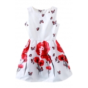 Red Flower&Butterfly Print Sleeveless Fit&Flare Dress