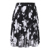 Black Background White Flower Elastic Waist Pleated Chiffon Skirt