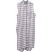 Gray Plaid Single Pocket Sleeveless Midi Shirt Dress