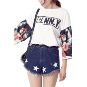 Letter Print Starry Sky Print Round Neck Tunic T-Shirt