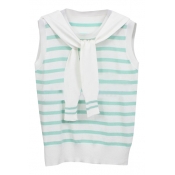 Green Striped Sleeveless Round Neck Knitted Sweater