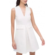 White V-Neck Fake Pockets Sleeveless Dress
