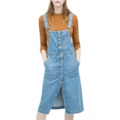 Denim Button Fly Overall Dress with Pockets