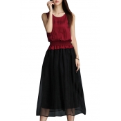 Red and Black Block Sleeveless Elastic Waist Longline Dress