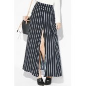 Black Striped Side Split Loose Maxi Skirt