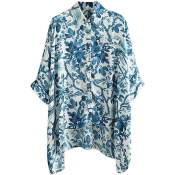Blue Flower Print 1/2 Sleeve Asymmetric Hem Shirt