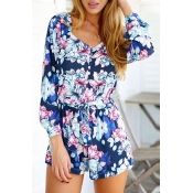 Button Down V-Neck Long Sleeve Floral Print Romper