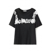 Short Sleeve Romantic Flower Lace Appliques T-Shirt