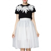 Black Floral Beaded Top with Elastic Polka Dot Skirt