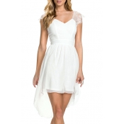 White V-Neck Cap Lace Sleeve Chiffon Princess Style Dress