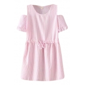 Pink Cold Shoulder Striped Drawstring Waist Dress