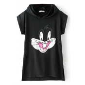 Cartoon Rabbit Print Hooded Short Sleeve Tunic Top
