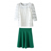 White 3/4 Sleeve Checker Sheer Top with Green Skirt Co-ords