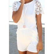 White Round Neck Lace Short Sleeve Chiffon Rompers