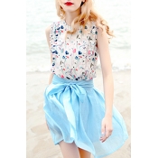 White Sleeveless Flower Shirt with Blue Bow Skirt Co-ords