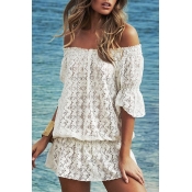 White Off-the-Shoulder 1/2 Sleeve Lace Mini Dress