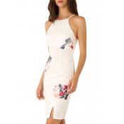 White Flower Print Elegant Cami Slim Dress