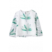 White 3/4 Sleeve Green Leaves Organza Blouse