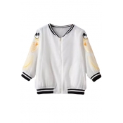 White Back Symmetric Fish Embroidered Contrast Collar Baseball Jacket