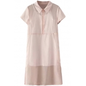 Pink Lapel Shirt Sheer Dress with White Slip Dress Inside