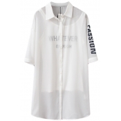 White 1/2 Sleeve Sheer Shirt with Letters Camis Inside