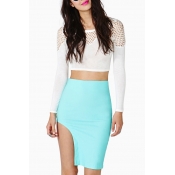 Blue Asymmetrical Hem Fitted Midi Skirt