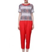 Geometric Print T-Shirt with Red Harem Crop Pants