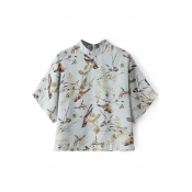 Gray Stand Collar 1/2 Sleeve Birds Leaves Blouse