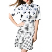 White 1/2 Sleeve Polka Dot Shirt with High Waist A-line Skirt Co-ords