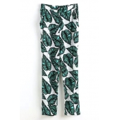 Green Leaf Print High Waist Casual Pants