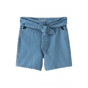 Blue Bow Belted Zippered Plain Fitted Denim Shorts